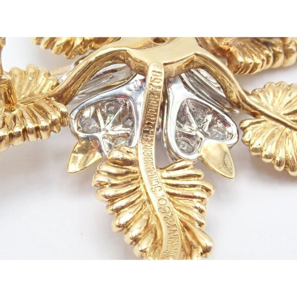 Tiffany & Co Schlumberger 18k Yellow Gold Platinum Diamond 5 Leaf Pin Brooch - Picture 5 of 11